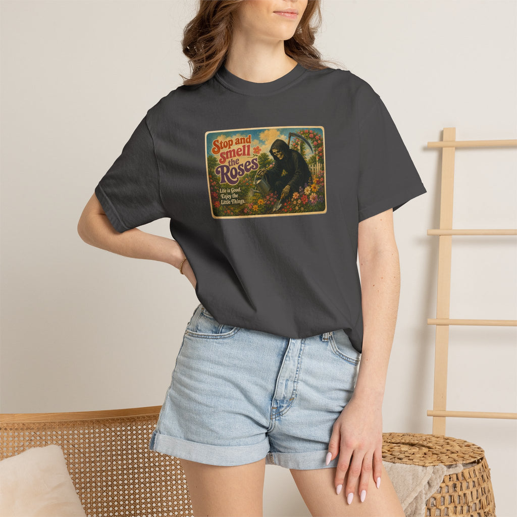 Grim Reaper Stop and Smell the Roses Postcard T-Shirt