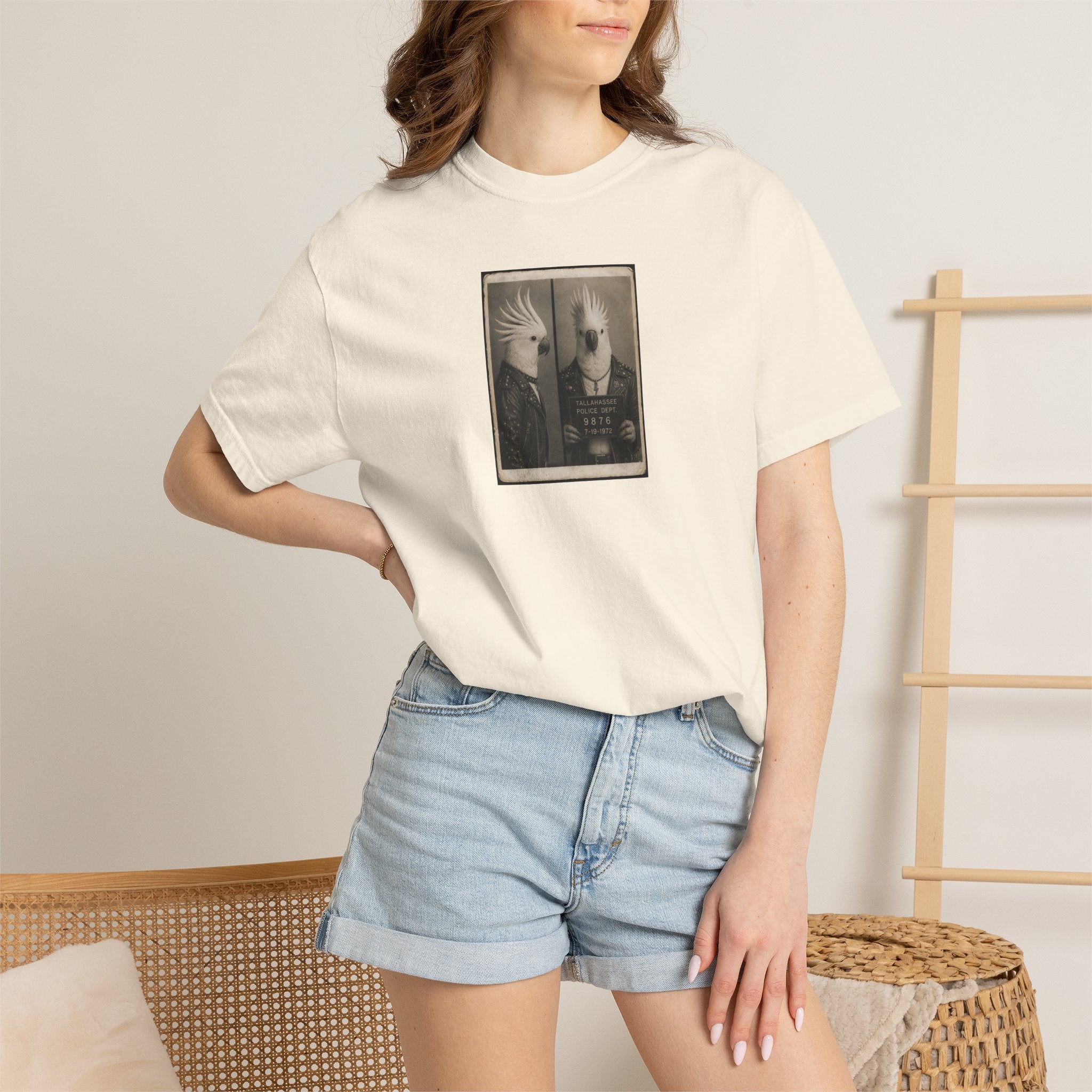 Vintage Cockatoo Mugshot Portrait T-Shirt — Retro Bird Mugshot Vintage Graphic Tee