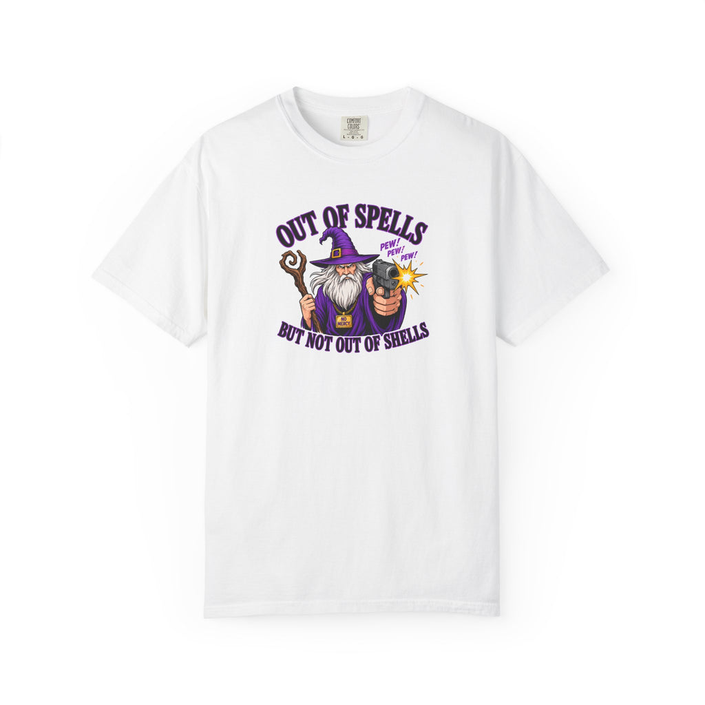 Wizard T-Shirt — "Out of Spells But Not Out of Shells" Funny Graphic Tee