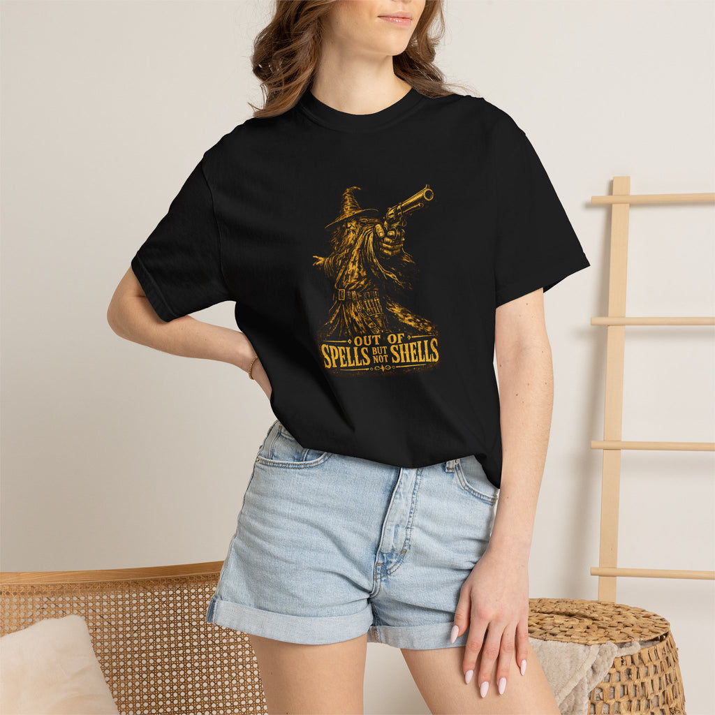 Wizard with Revolver T‑Shirt - "Out of Spells, Out of Shells" Retro Fantasy Graphic Tee