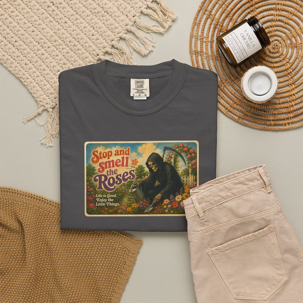 Grim Reaper Stop and Smell the Roses Postcard T-Shirt