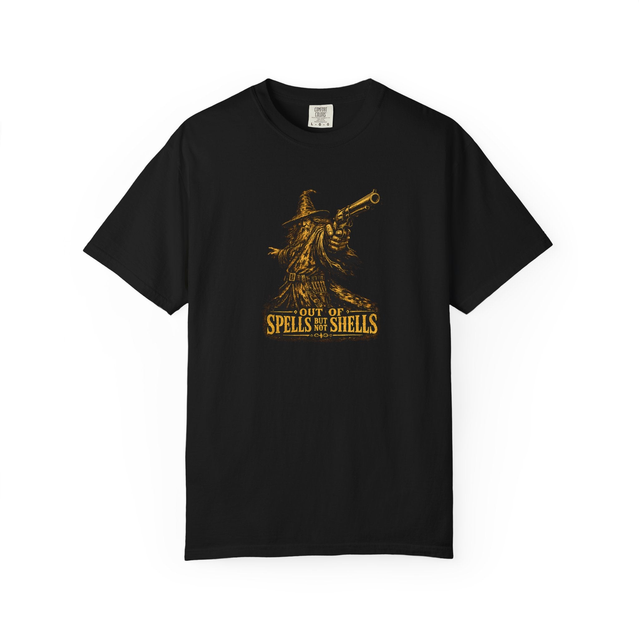 Wizard with Revolver T‑Shirt - "Out of Spells, Out of Shells" Retro Fantasy Graphic Tee