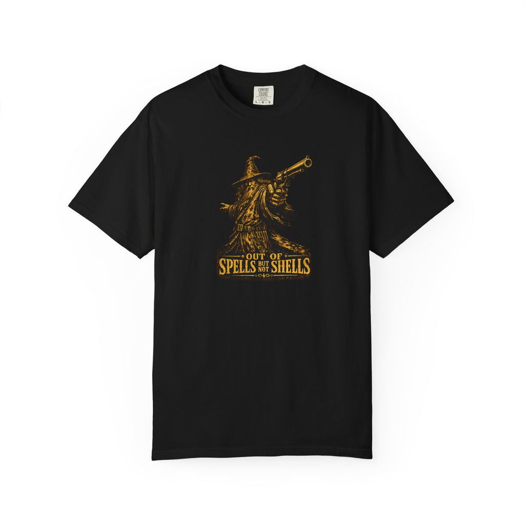 Wizard with Revolver T‑Shirt - "Out of Spells, Out of Shells" Retro Fantasy Graphic Tee