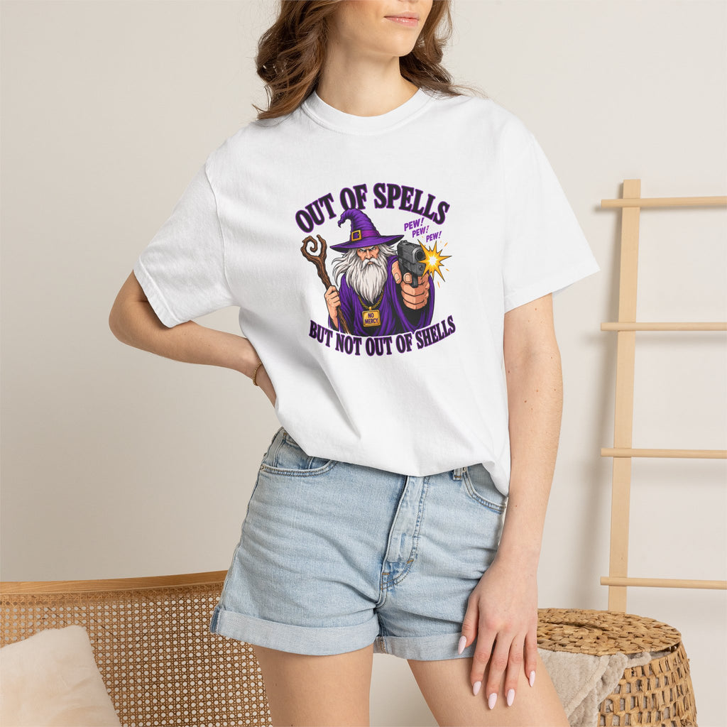 Wizard T-Shirt — "Out of Spells But Not Out of Shells" Funny Graphic Tee