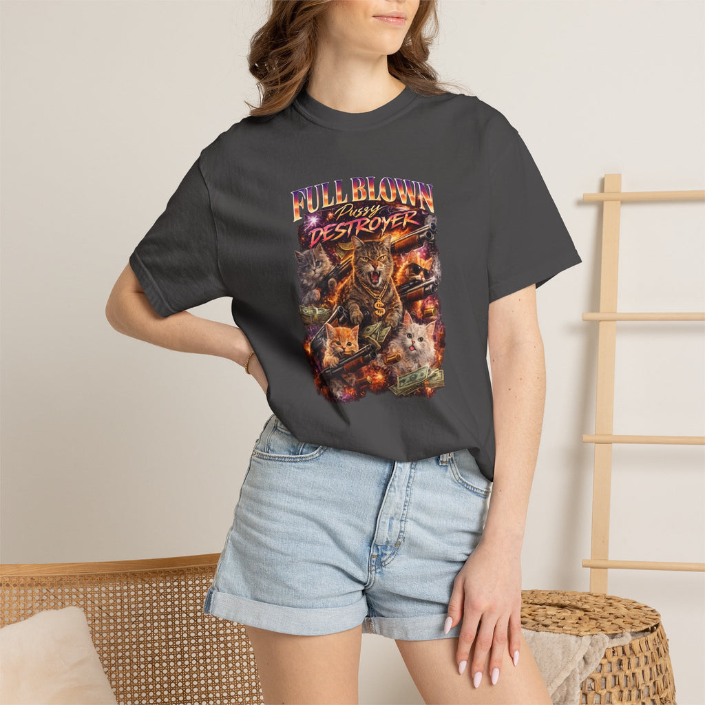 Full Blown Pussy Destroyer - Cat T-Shirt -  Vintage Retro Graphic Tee