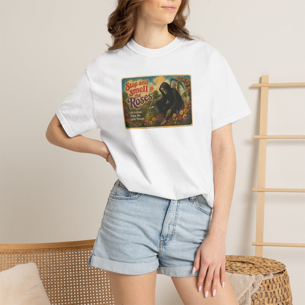 Grim Reaper Stop and Smell the Roses Postcard T-Shirt