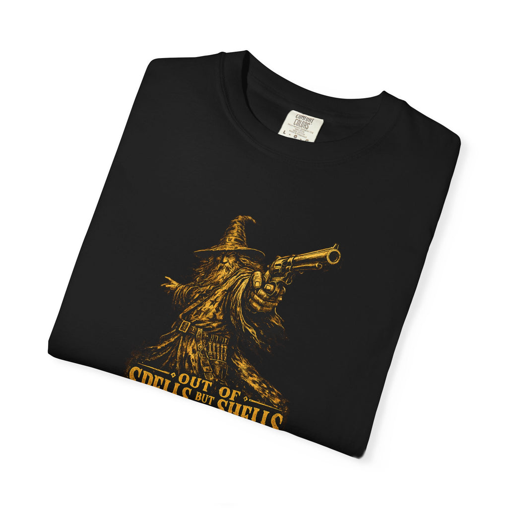 Wizard with Revolver T‑Shirt - "Out of Spells, Out of Shells" Retro Fantasy Graphic Tee