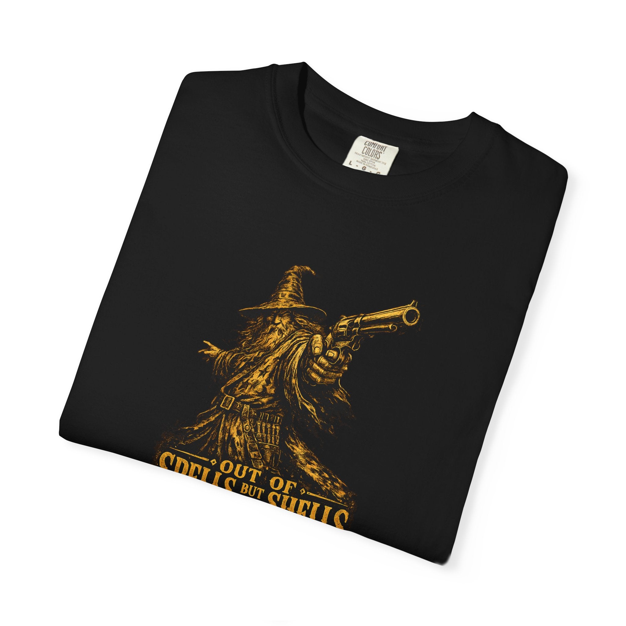 Wizard with Revolver T‑Shirt - "Out of Spells, Out of Shells" Retro Fantasy Graphic Tee