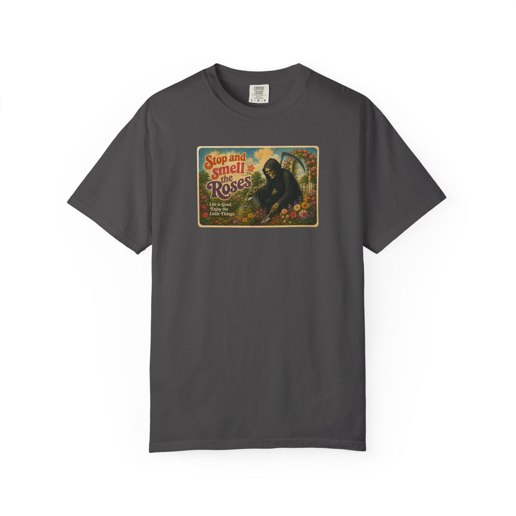Grim Reaper Stop and Smell the Roses Postcard T-Shirt
