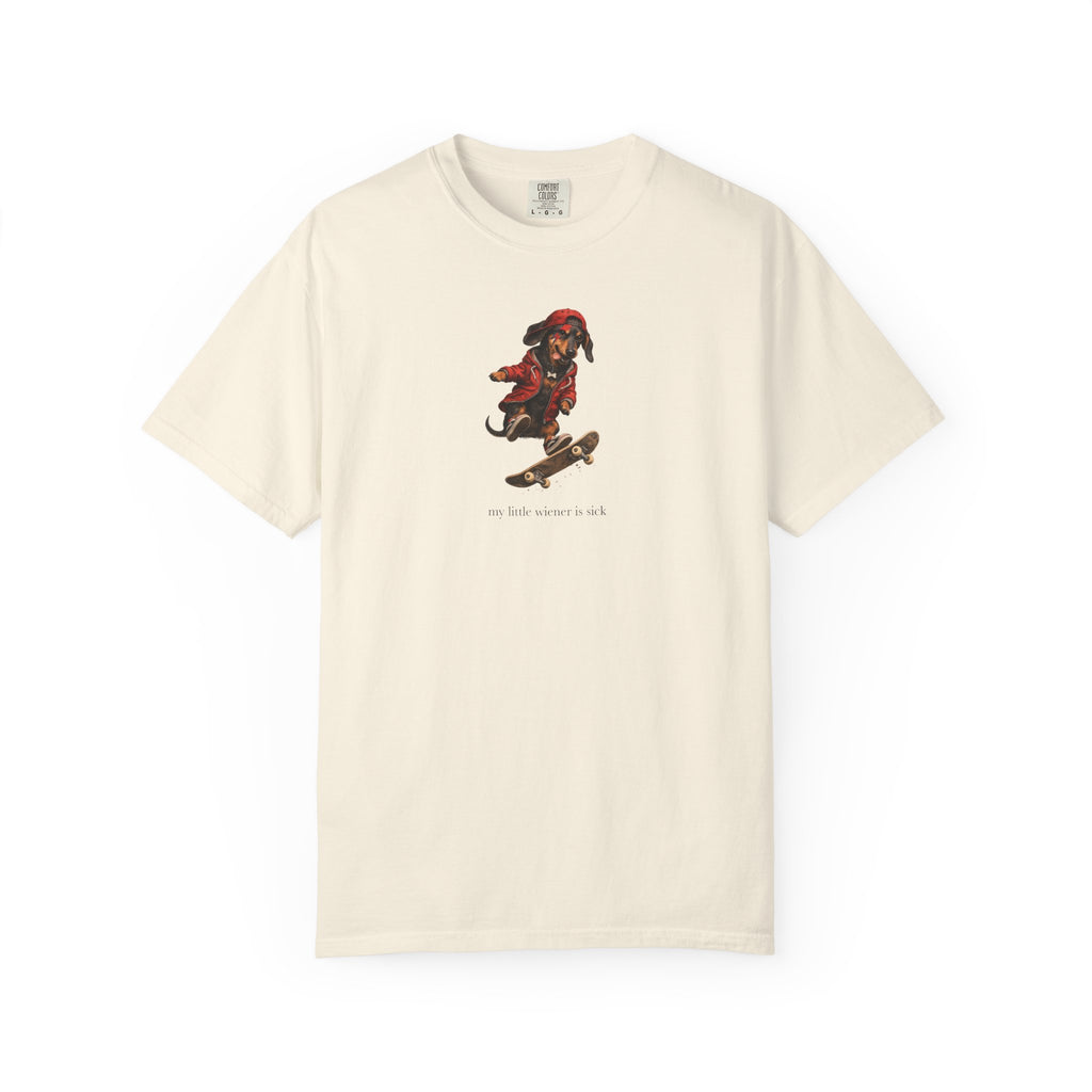 My Little Wiener Is Sick - Skateboarding Dachshund Graphic T-Shirt — Cute Skate Dog Tee