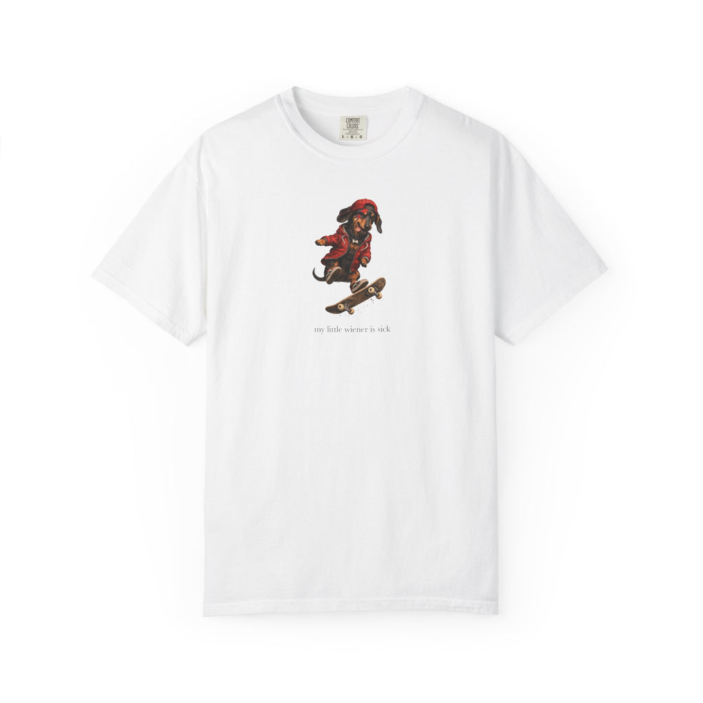 My Little Wiener Is Sick - Skateboarding Dachshund Graphic T-Shirt — Cute Skate Dog Tee