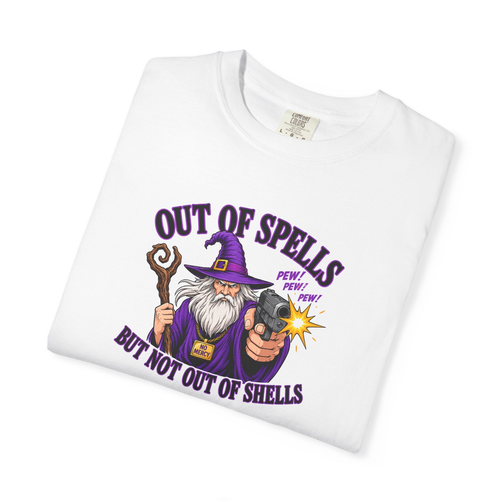 Wizard T-Shirt — "Out of Spells But Not Out of Shells" Funny Graphic Tee
