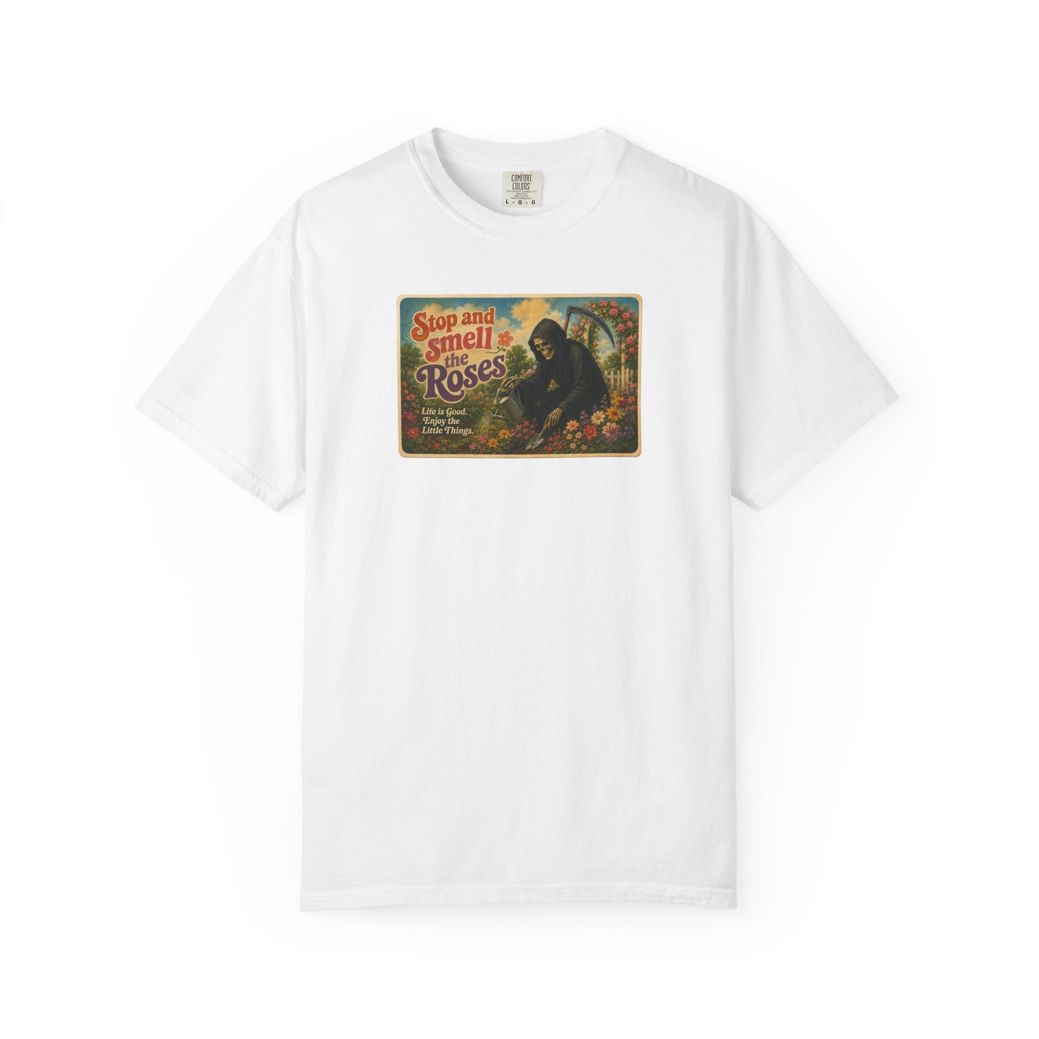 Grim Reaper Stop and Smell the Roses Postcard T-Shirt