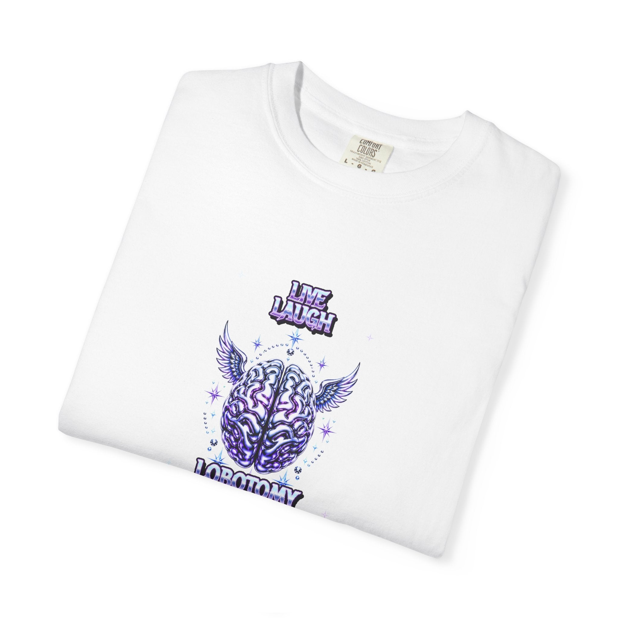 Live Laugh Lobotomy Graphic Tee — Y2K Chrome Brain T-Shirt