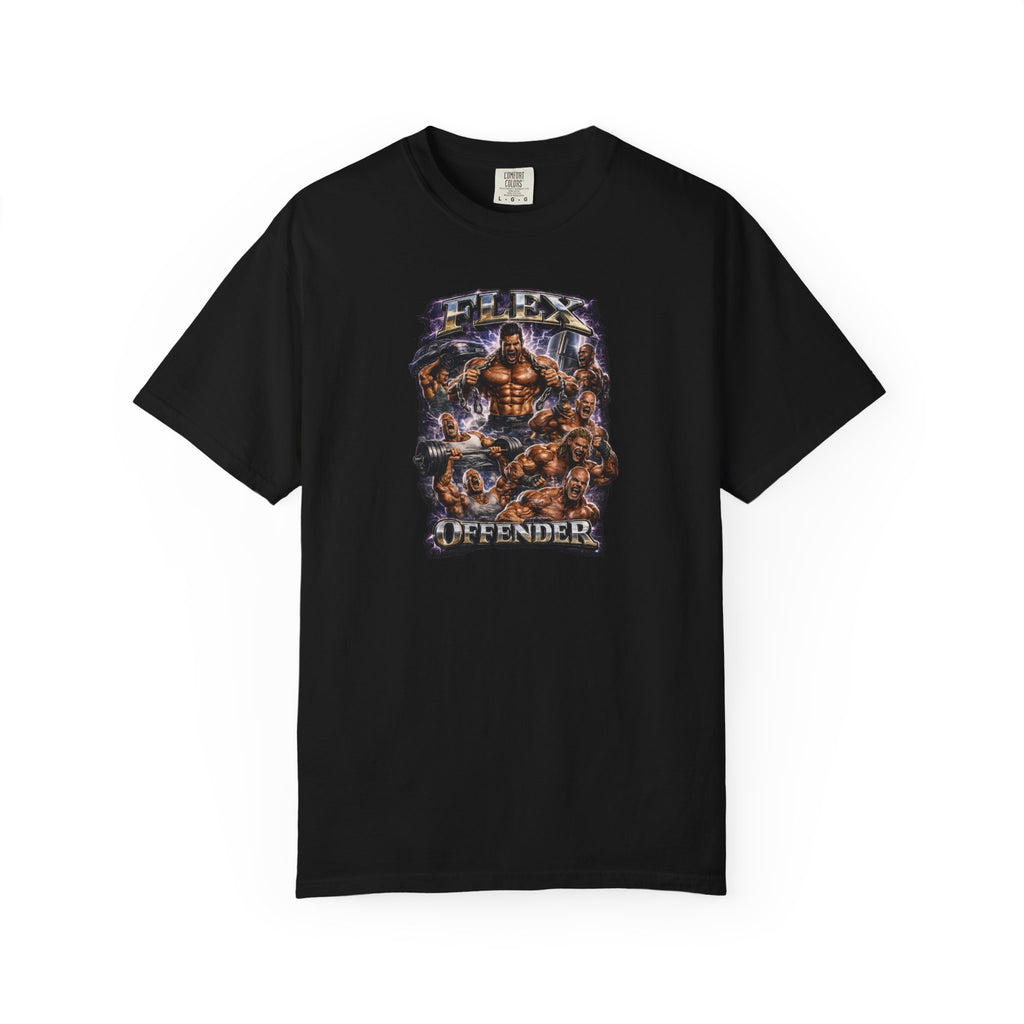 FLEX OFFENDER Graphic T-Shirt — Vintage Muscle Warrior Illustration