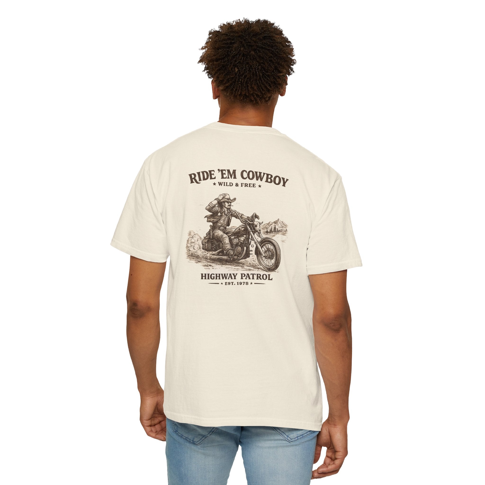 Ride 'Em Cowboy Motorcycle T-Shirt — Vintage Highway Patrol Graphic