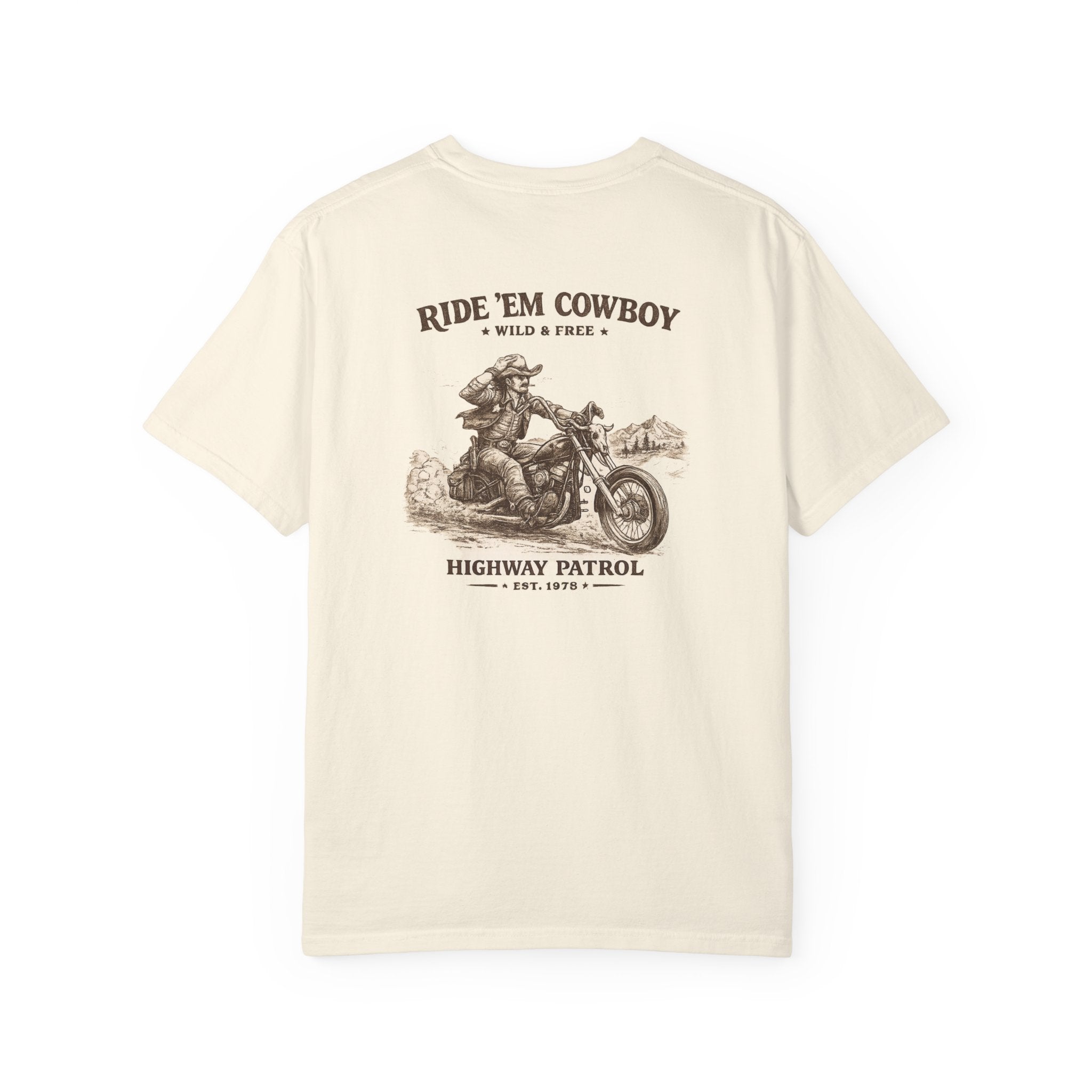 Ride 'Em Cowboy Motorcycle T-Shirt — Vintage Highway Patrol Graphic
