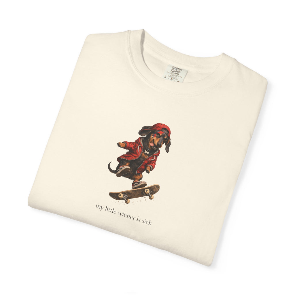 My Little Wiener Is Sick - Skateboarding Dachshund Graphic T-Shirt — Cute Skate Dog Tee