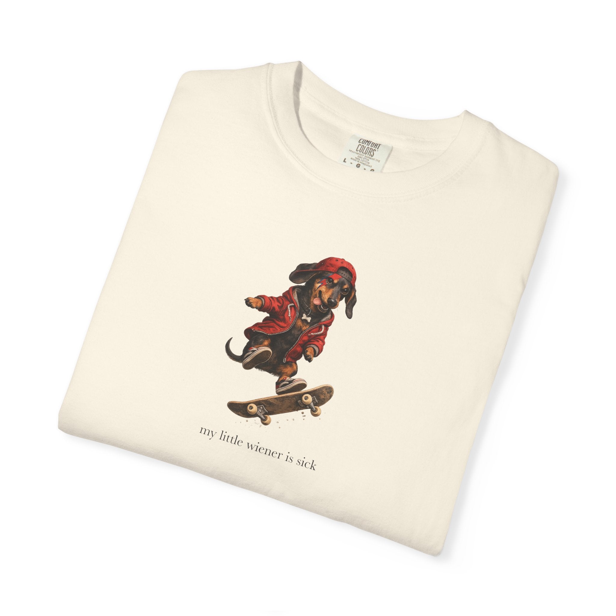My Little Wiener Is Sick - Skateboarding Dachshund Graphic T-Shirt — Cute Skate Dog Tee
