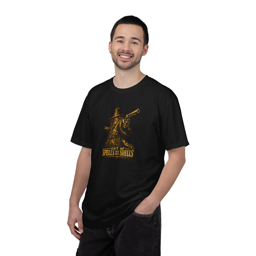 Wizard with Revolver T‑Shirt - "Out of Spells, Out of Shells" Retro Fantasy Graphic Tee