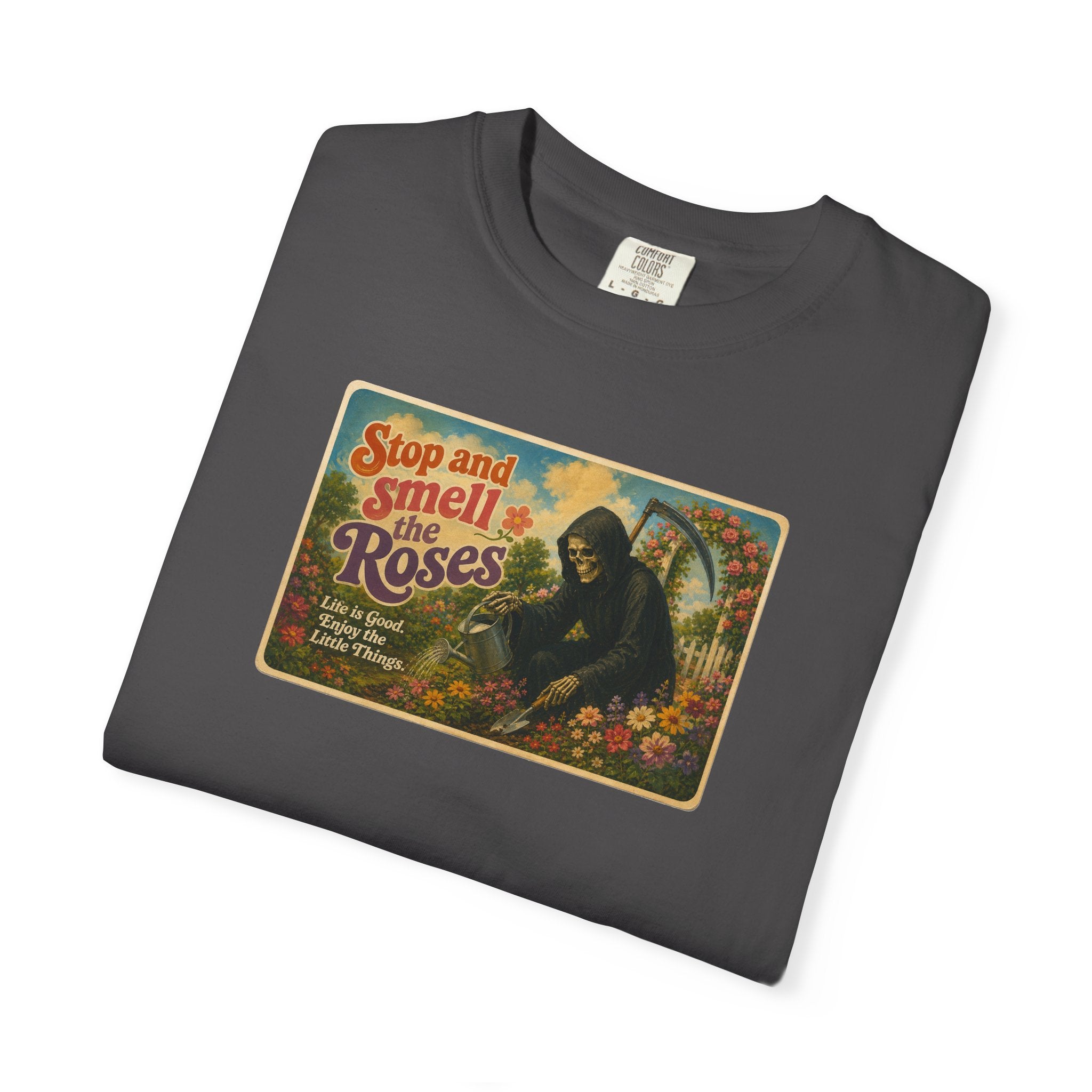 Grim Reaper Stop and Smell the Roses Postcard T-Shirt
