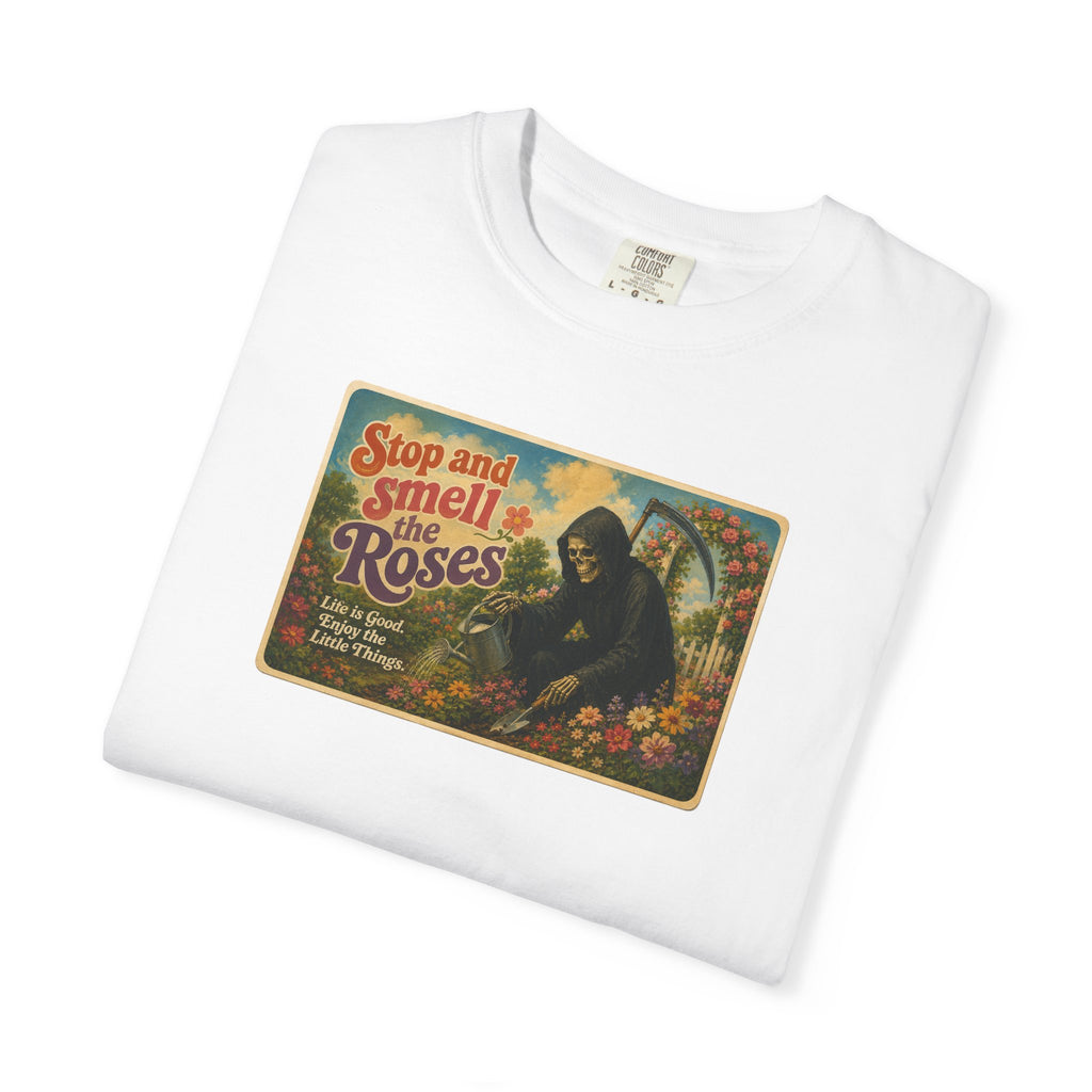 Grim Reaper Stop and Smell the Roses Postcard T-Shirt