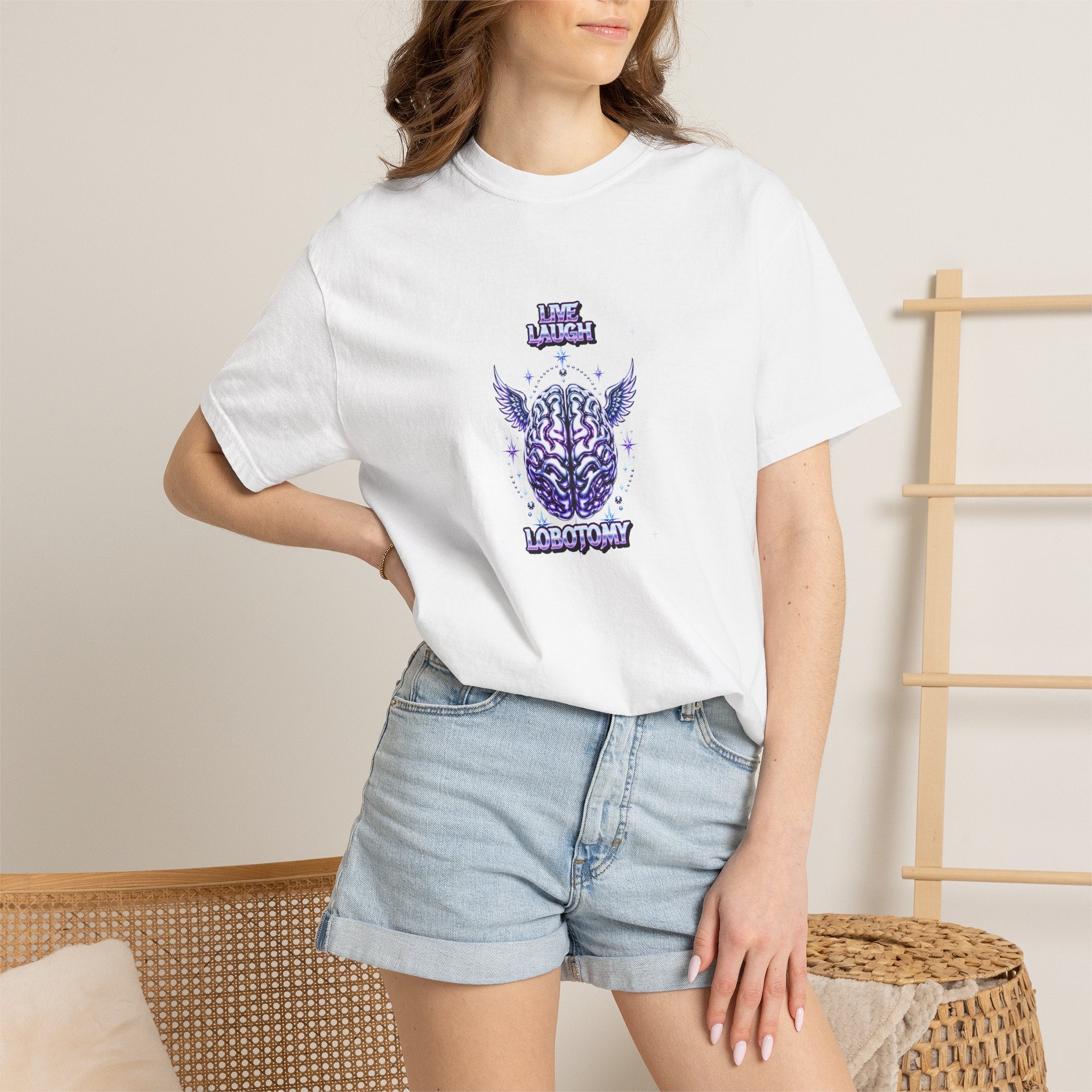 Live Laugh Lobotomy Graphic Tee — Y2K Chrome Brain T-Shirt