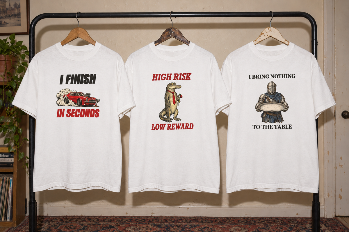 Three white Niceweird graphic tees hanging on a clothes rail: I Finish in Seconds, High Risk Low Reward and I Bring Nothing to the Table.
